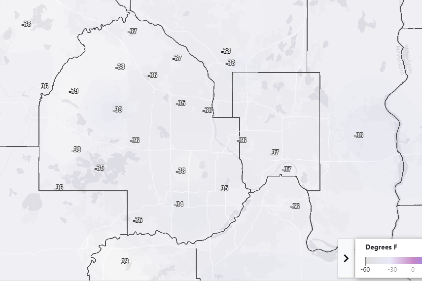 Coldest wind chill temperatures on February 13, 2020.