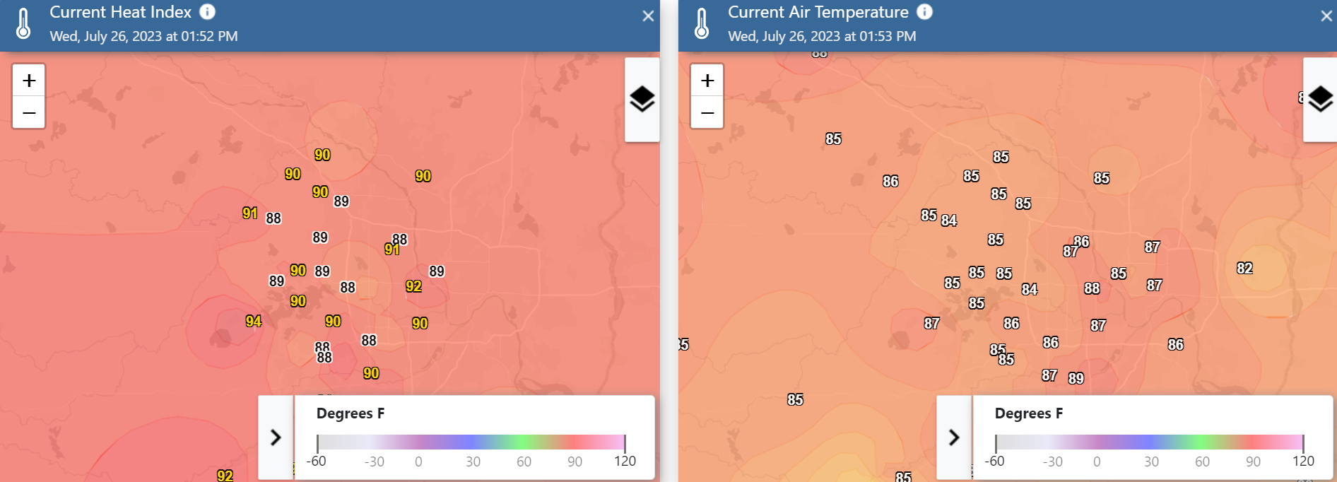 Two maps showing air temperature and heat index on July 26, 2023 at 2PM.
